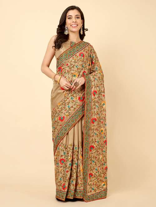 women beige embroidered saree with blouse - 20944005 - Very Small Image - 1