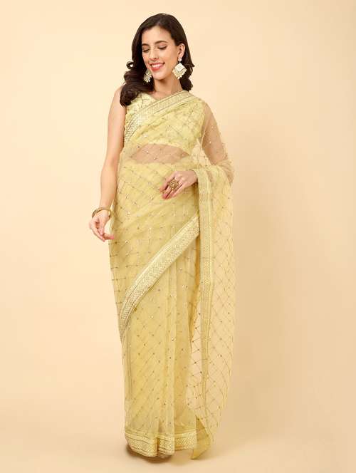 women yellow sequin work embroidered saree with blouse - 20944021 - Very Small Image - 1