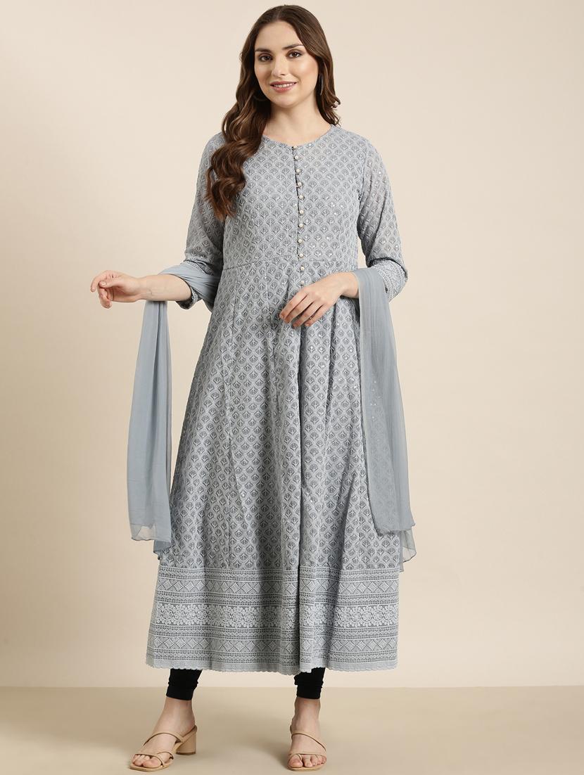 women grey round neck a-line kurta with long shrug - 20961038 - Standard Image - 3