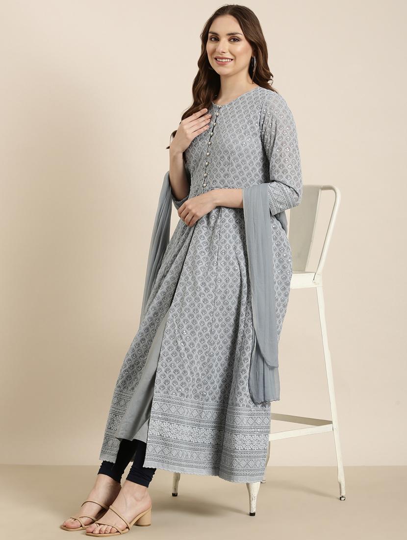 women grey round neck a-line kurta with long shrug - 20961038 - Standard Image - 4