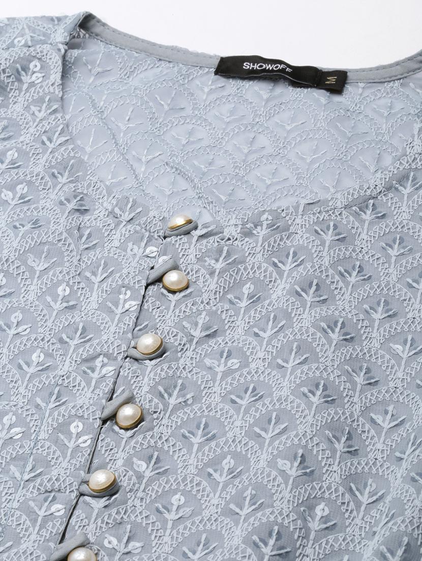 women grey round neck a-line kurta with long shrug - 20961038 - Standard Image - 6
