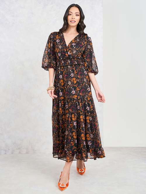 women v-neck floral printed tiered dress - 21015985 - Very Small Image - 1