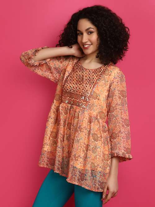 women orange printed round neck top - 21016245 - Very Small Image - 1