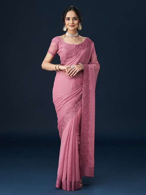 pink chiffon embroidered saree with blouse - 21017082 - Very Small Image - 1