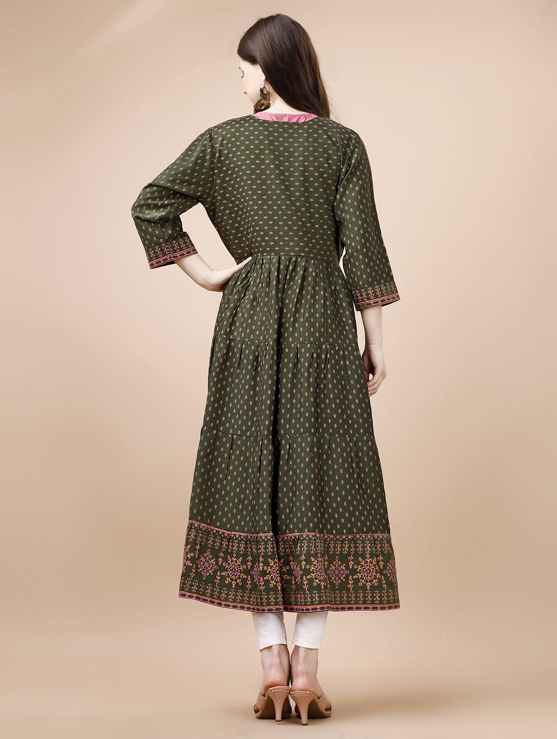 women green round neck tiered kurta - 21034075 - Zoom Image - 2