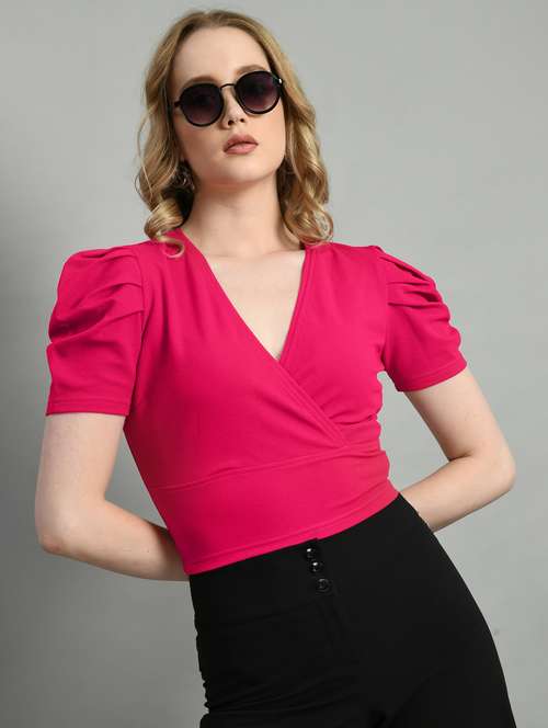 women solid magenta pink detailed crop top - 21052540 - Very Small Image - 1