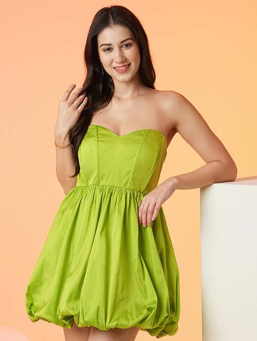 globus women lime green strapless sweetheart neck panelled balloon party dress - 21081719 - Very Small Image - 1