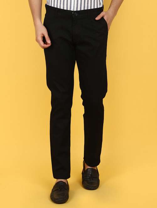 black cotton flat front casual trousers - 21092675 - Very Small Image - 1