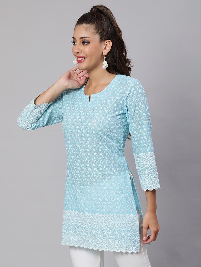 women three quarter sleeve notch neck kurti - 21103085 - Standard Image - 2
