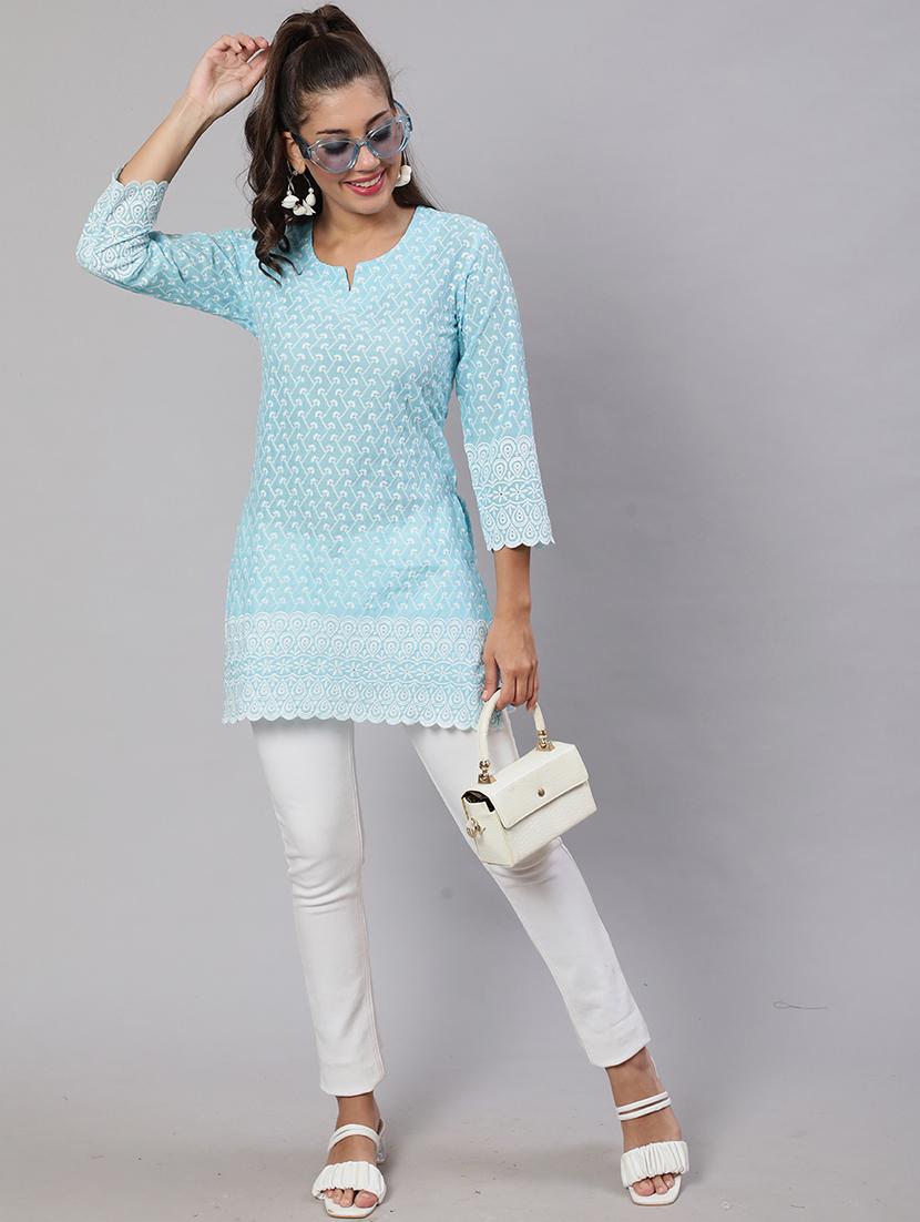 women three quarter sleeve notch neck kurti - 21103085 - Standard Image - 4