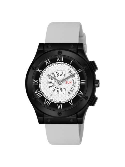 lorenz white day & date dial analog watch with grey silicone buckle lock strap | watch for men | mk-4092r - 21104261 - Very Small Image - 1