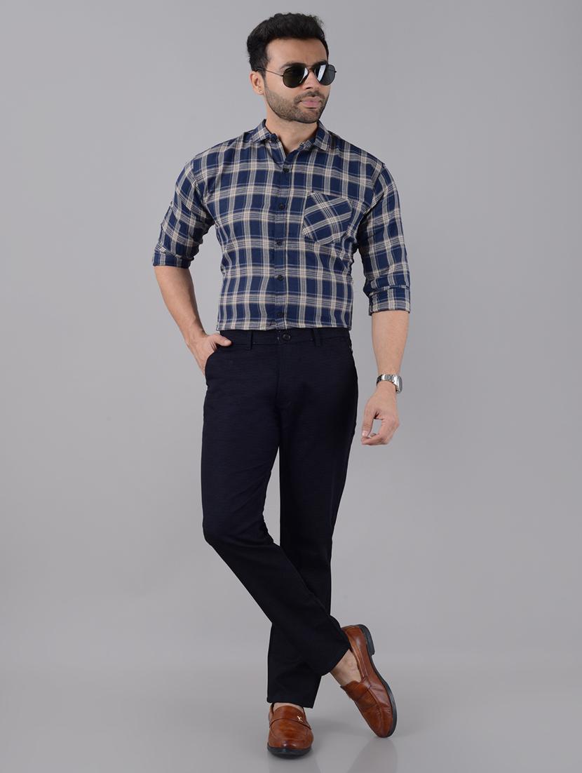 blue cotton flat front casual trousers - 21128718 - Standard Image - 3