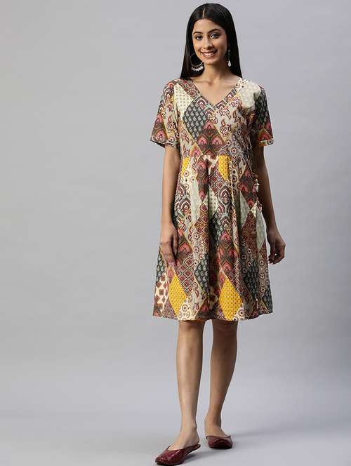 multi coloured printed fit & flare dress - 21134420 - Very Small Image - 1