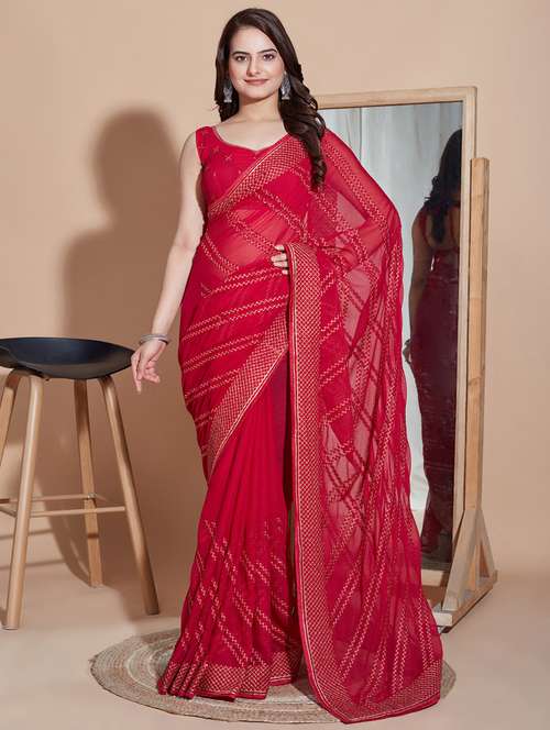 women red embroidered saree with blouse - 21139742 - Very Small Image - 1