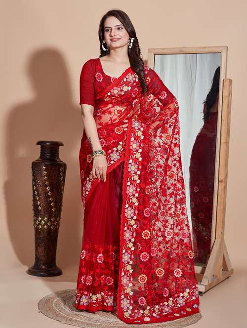women red embroidered saree with blouse - 21139747 - Very Small Image - 1