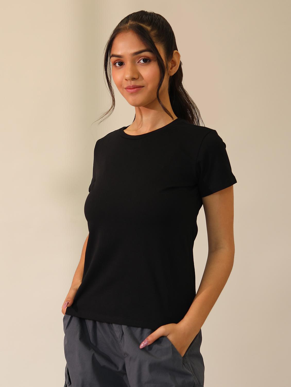 women solid cotton modal short sleeves t-shirt - 21164625 - Standard Image - 3