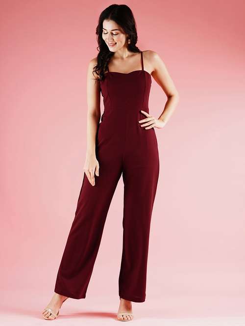 globus women maroon sweetheart neck adjustable strappy shoulder long party jumpsuit - 21178349 - Very Small Image - 1