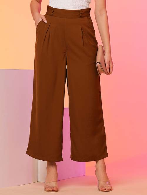 globus women tan high-rise pleated back frilled waist wide leg trousers - 21193419 - Very Small Image - 1