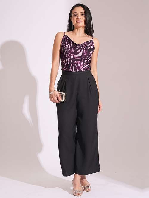 globus women black high-rise pleated back frilled waist wide leg trousers - 21193420 - Very Small Image - 1