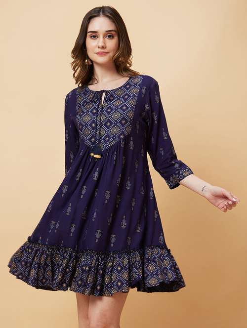 globus women blue tie-up neck gold geometric & bandhani printed yoke tiered a-line fusion dress - 21193421 - Very Small Image - 1