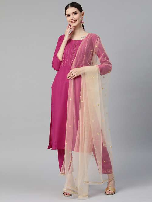 women round neck kurta pant set with dupatta - 21230767 - Very Small Image - 1