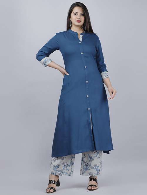 women blue solid mandarin neck kurta palazzo set  - 21232209 - Very Small Image - 1