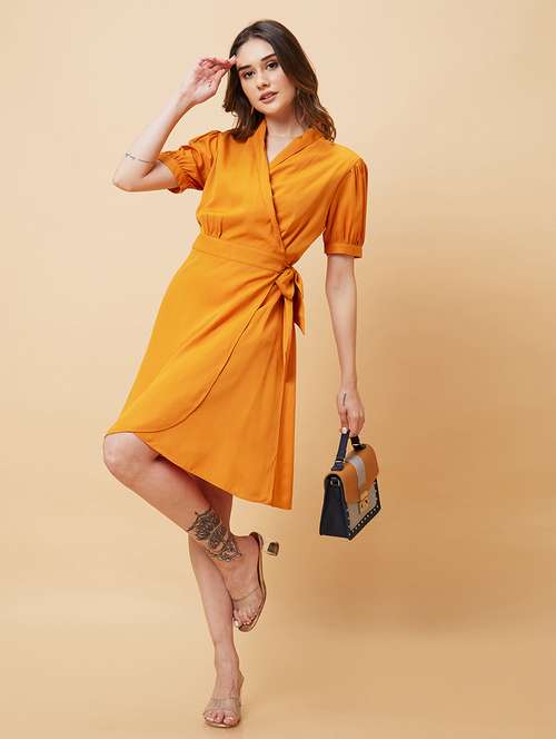 orange polyester fit & flare dress - 21237422 - Very Small Image - 1