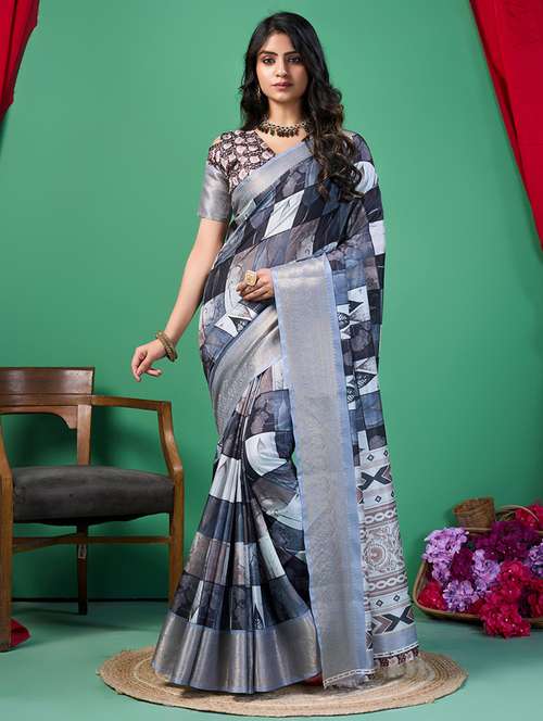 women printed bordered saree with blouse - 21244415 - Very Small Image - 1
