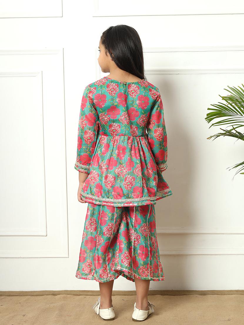girls printed cotton kurta palazzo suit set - 21254054 - Standard Image - 3