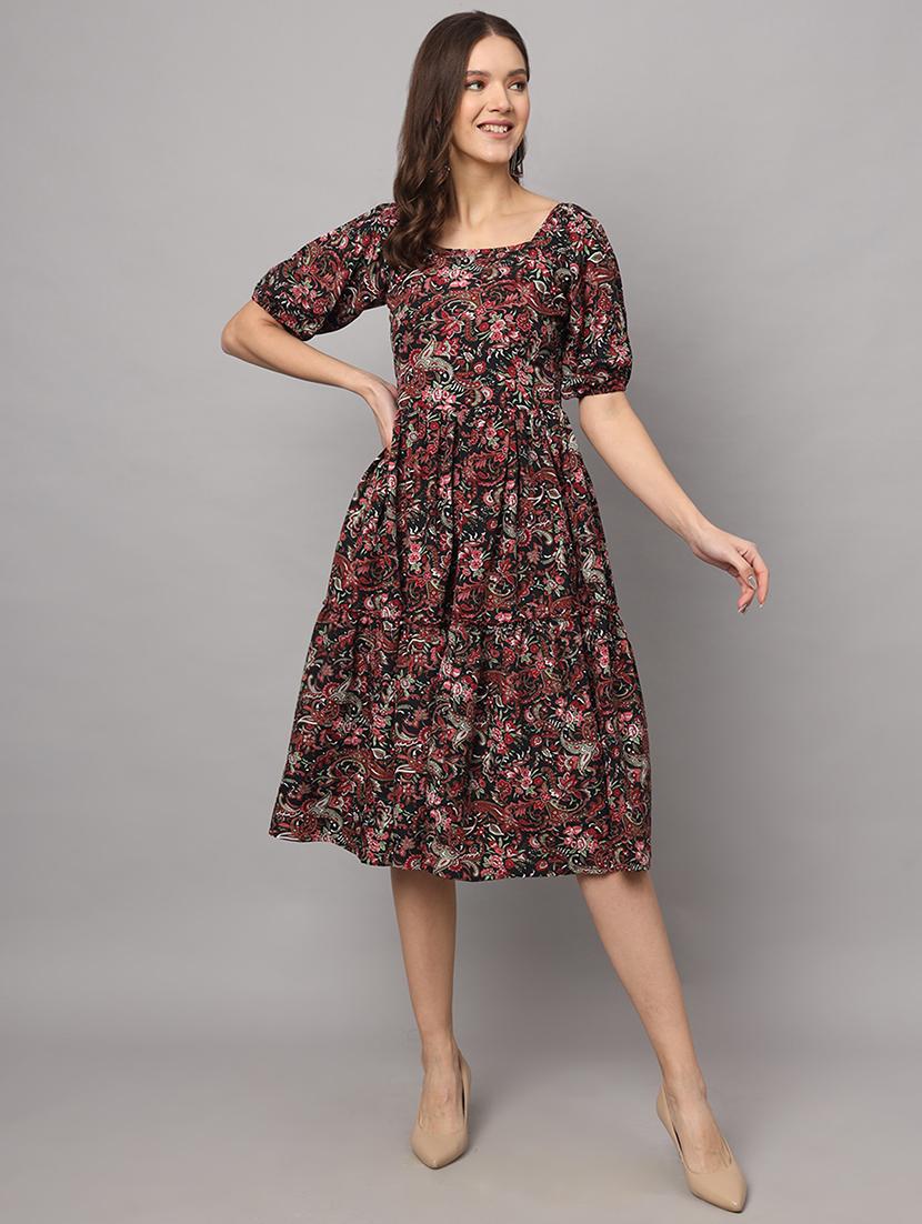 women printed puff sleeves tiered dress - 21277449 - Standard Image - 2