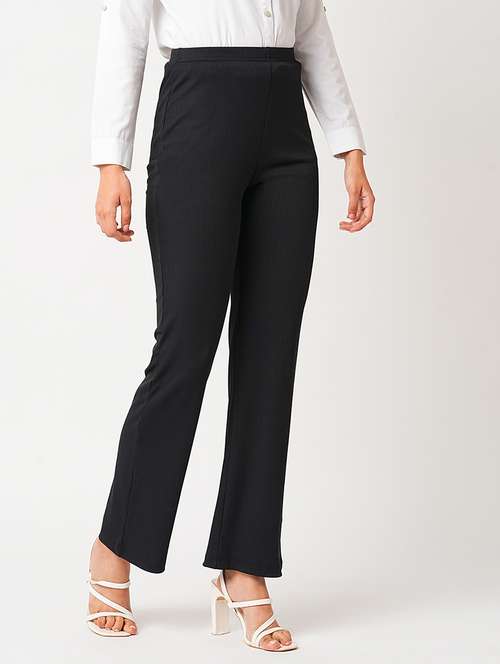 globus women black stretchable mid-rise rib knit slim fit bootcut treggings - 21305205 - Very Small Image - 1