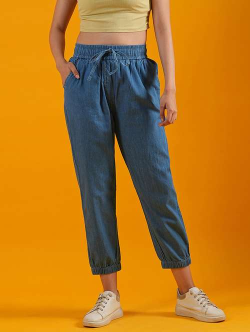 globus women blue mid rise loose fit flat front denim joggers with drawstring - 21305211 - Very Small Image - 1