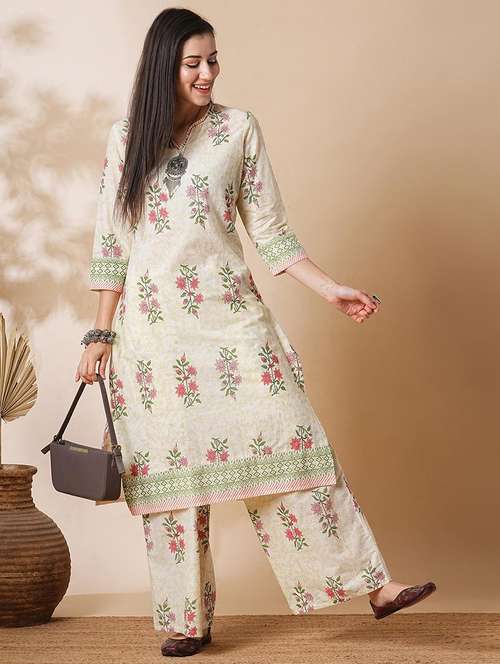 globus women off-white allover floral print straight workwear kurta & palazzos set - 21305289 - Very Small Image - 1