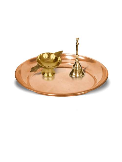 adhvik combo of small size laxmi diya and puja bell with 6 inch copper pooja thali set for home and office - 21305469 - Very Small Image - 1