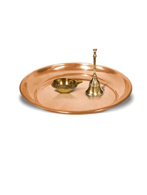 adhvik combo of small size kuber pedi diya and puja bell with 6 inch copper pooja thali set for home and office - 21305471 - Very Small Image - 1