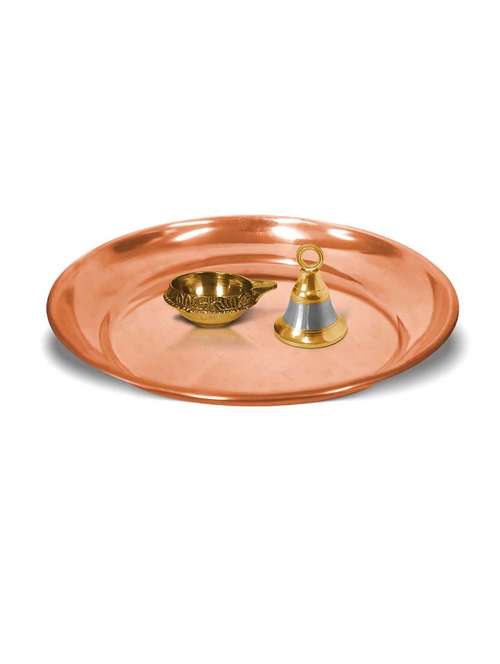 adhvik combo of small size kuber pedi diya and hanging bell with 6 inch copper pooja thali set for home and office - 21305472 - Very Small Image - 1