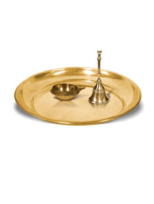 adhvik combo of small size kuber pedi diya and puja bell with 6 inch pooja thali set for home and office - 21305479 - Very Small Image - 1