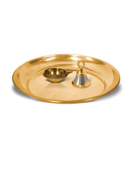 adhvik combo of small size kuber pedi diya and hanging bell with 6 inch pooja thali set for home and office - 21305480 - Very Small Image - 1