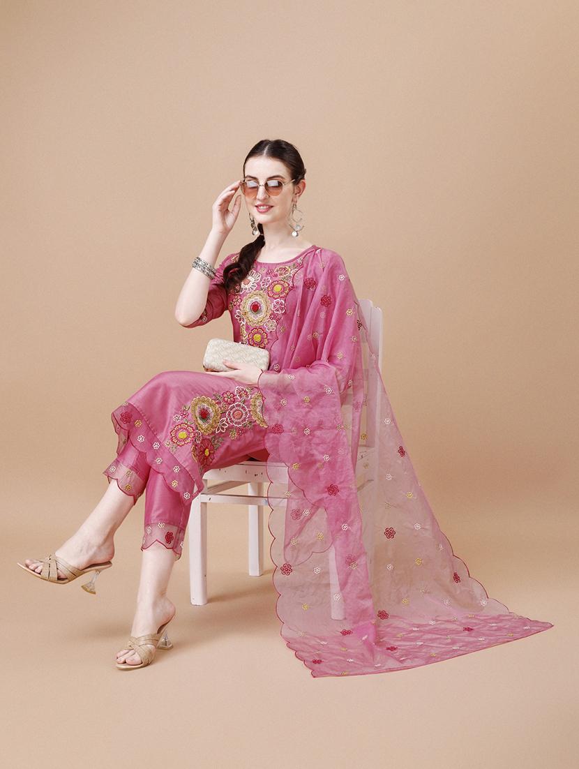 pink chanderi kurta dupatta set - 21308911 - Zoom Image - 3