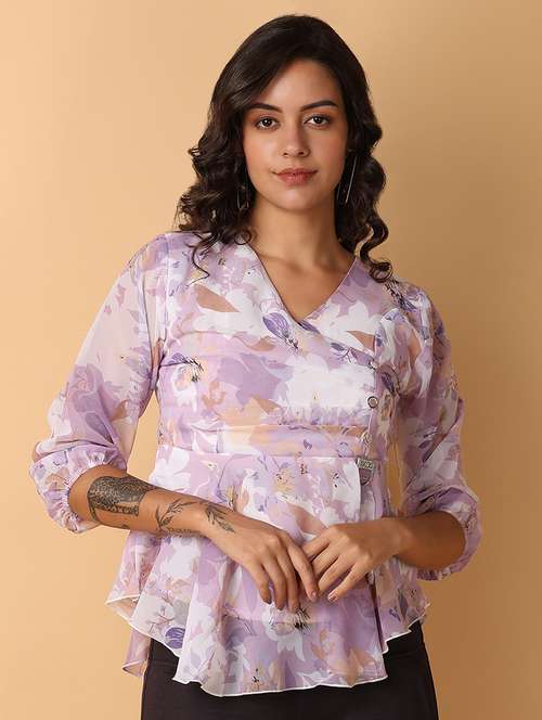 women printed overlap neck asymmetric top - 21331028 - Very Small Image - 1