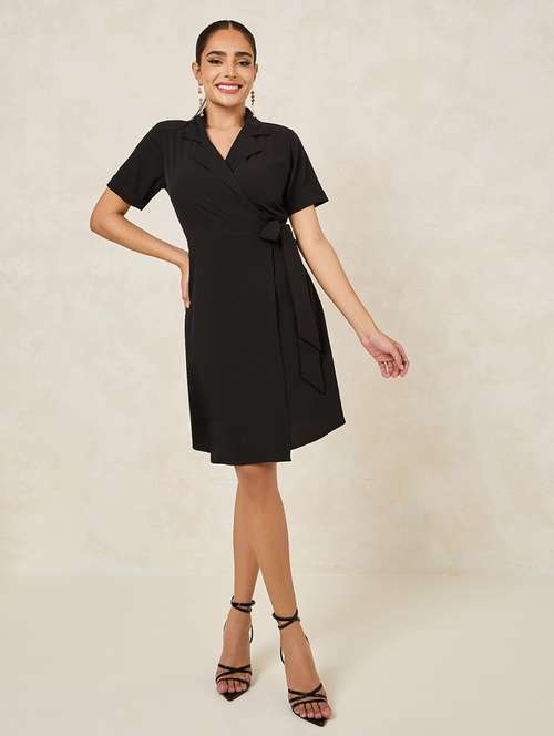 women solid lapel collar wrap dress - 21334297 - Very Small Image - 1