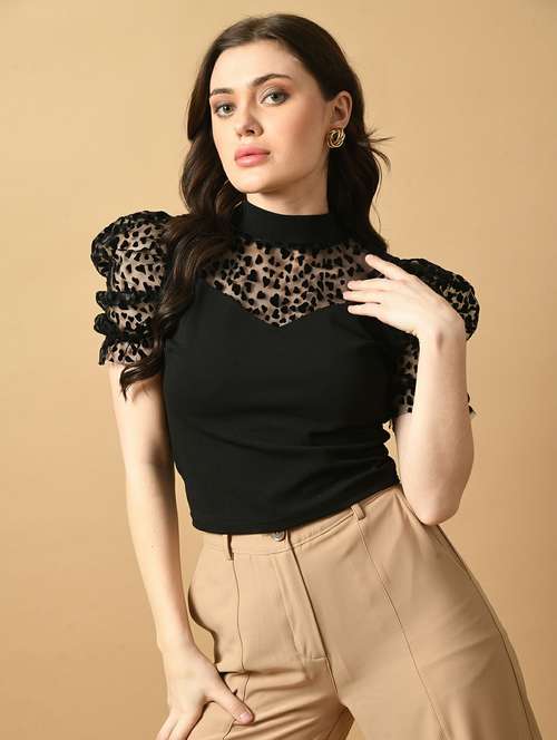 women textured puff sleeves crop top - 21339427 - Very Small Image - 1