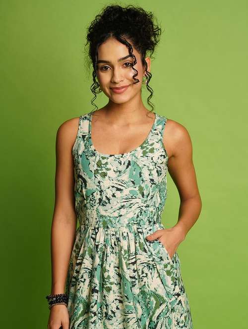 globus women multi white abstract printed stylised back bow design gathered fit & flare dress - 21366522 - Very Small Image - 1