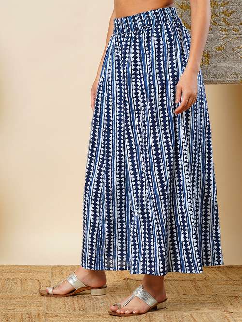 globus women indigo geometric border printed elasticated waistband flared ethnic palazzos - 21366566 - Very Small Image - 1