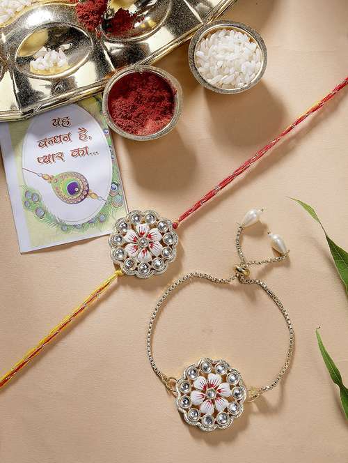 set of 2 stone-studded rakhi set with roli chawal - 21370153 - Very Small Image - 1