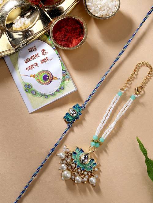set of 2 stone-studded rakhi set with roli chawal & chocolate - 21370180 - Very Small Image - 1