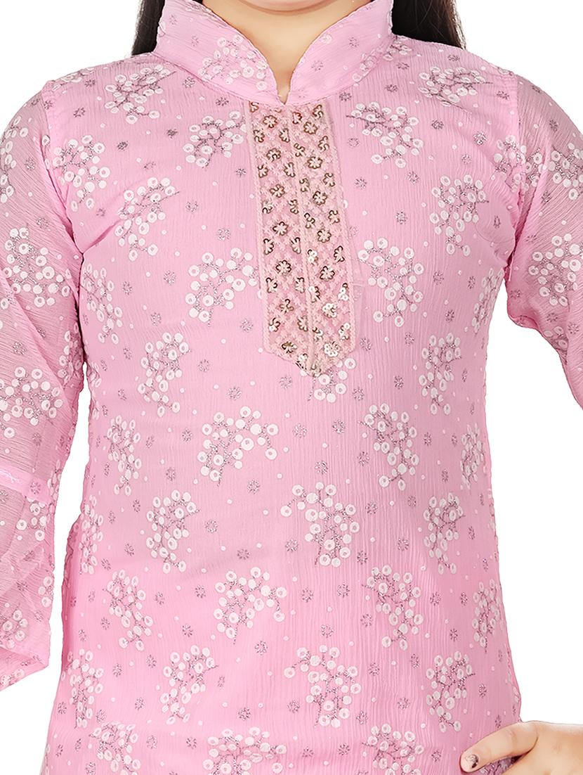 girls mandarin neck self-designed kurta sharara set - 21370216 - Zoom Image - 3