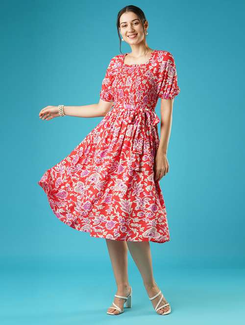 globus women red floral print square neck puff sleeves smocked pleated fit & flare belted midi dress - 21378972 - Very Small Image - 1