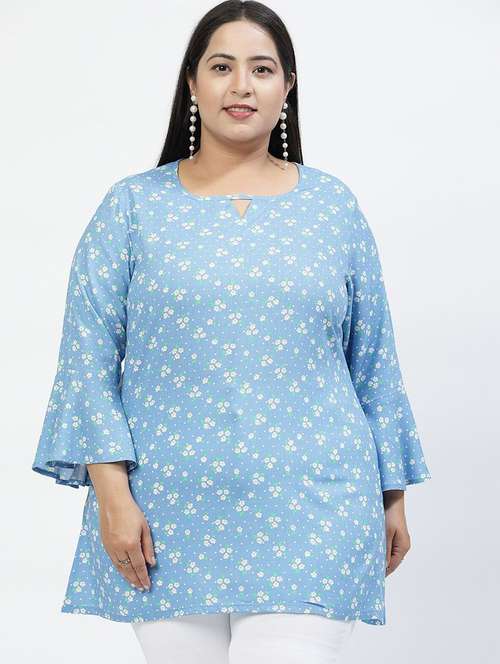 blue floral printed plus size top - 21382336 - Very Small Image - 1