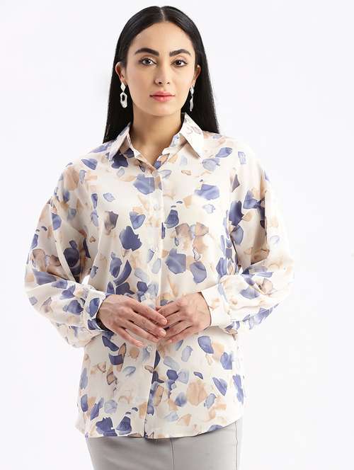 cream abstract printed boxy shirt - 21387571 - Very Small Image - 1